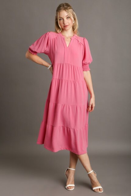 Umgee Solid Color A-Line Tiered Midi Dress with Piping Details in Rose Pink