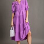Umgee Solid Color A-Line Tiered Midi Dress with Piping Details in Orchid ON ORDER