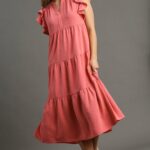 Umgee Split Neck A-Line Tiered Midi Dress in Coral Pink
